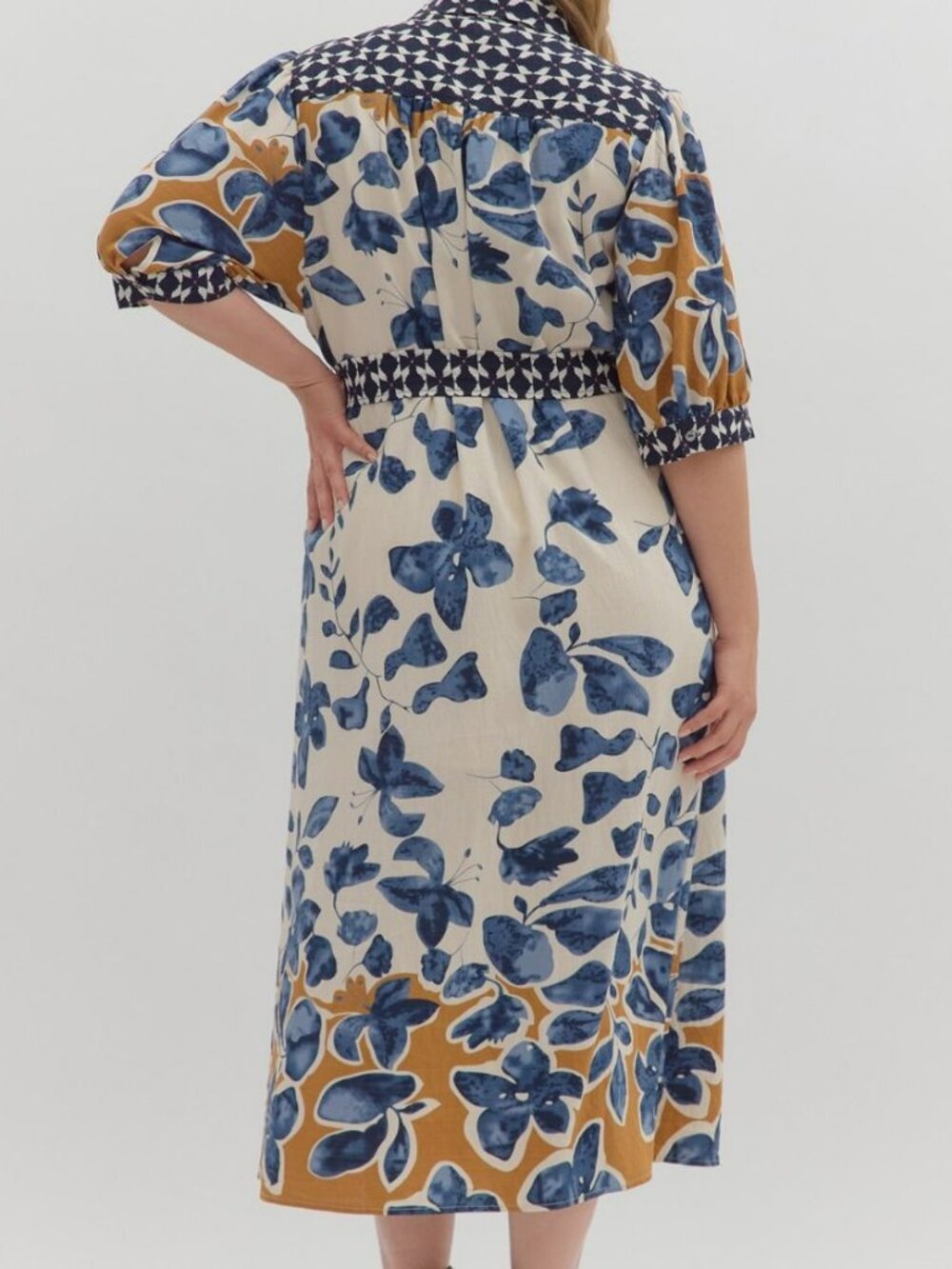 NWT Entro Slate Blue Botanical Midi Shirt Dress with Tie Waist (Plus Sizes) - Picture 5 of 7